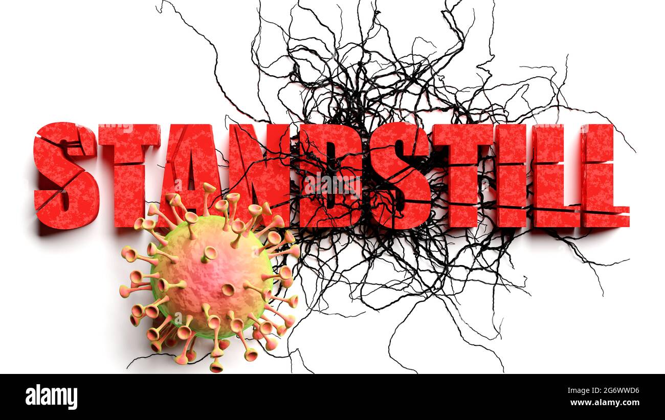 Degradation and standstill during covid pandemic, pictured as declining phrase standstill and a corona virus to symbolize current problems caused by e Stock Photo