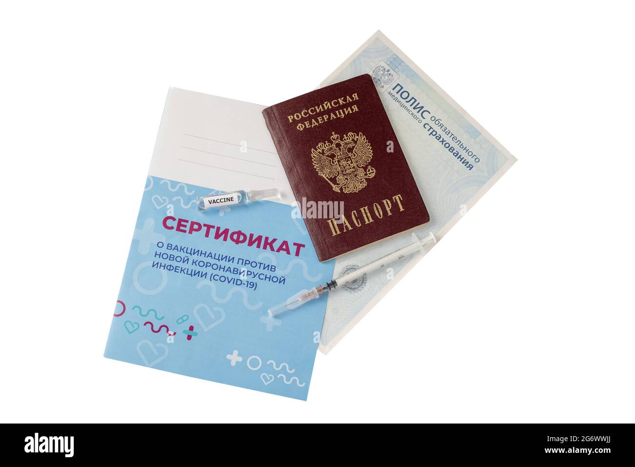 Closeup of a passport, an insurance policy, a certificate of