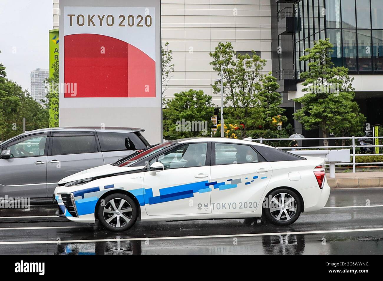JULY 8, 2021 : A Tokyo 2020 official car is pictured at Ariake area in ...