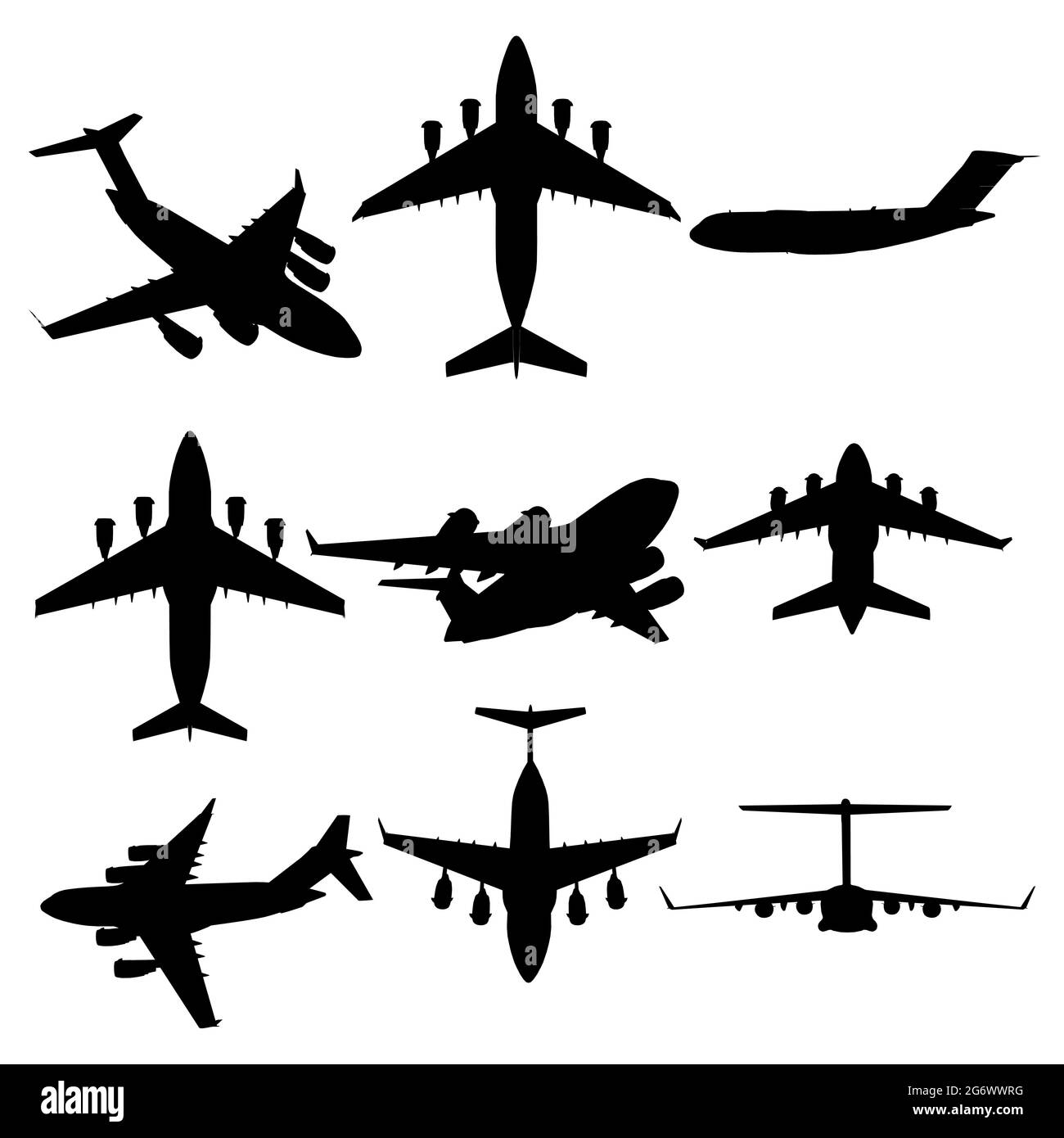 Set with airplane silhouettes in different positions isolated on white ...