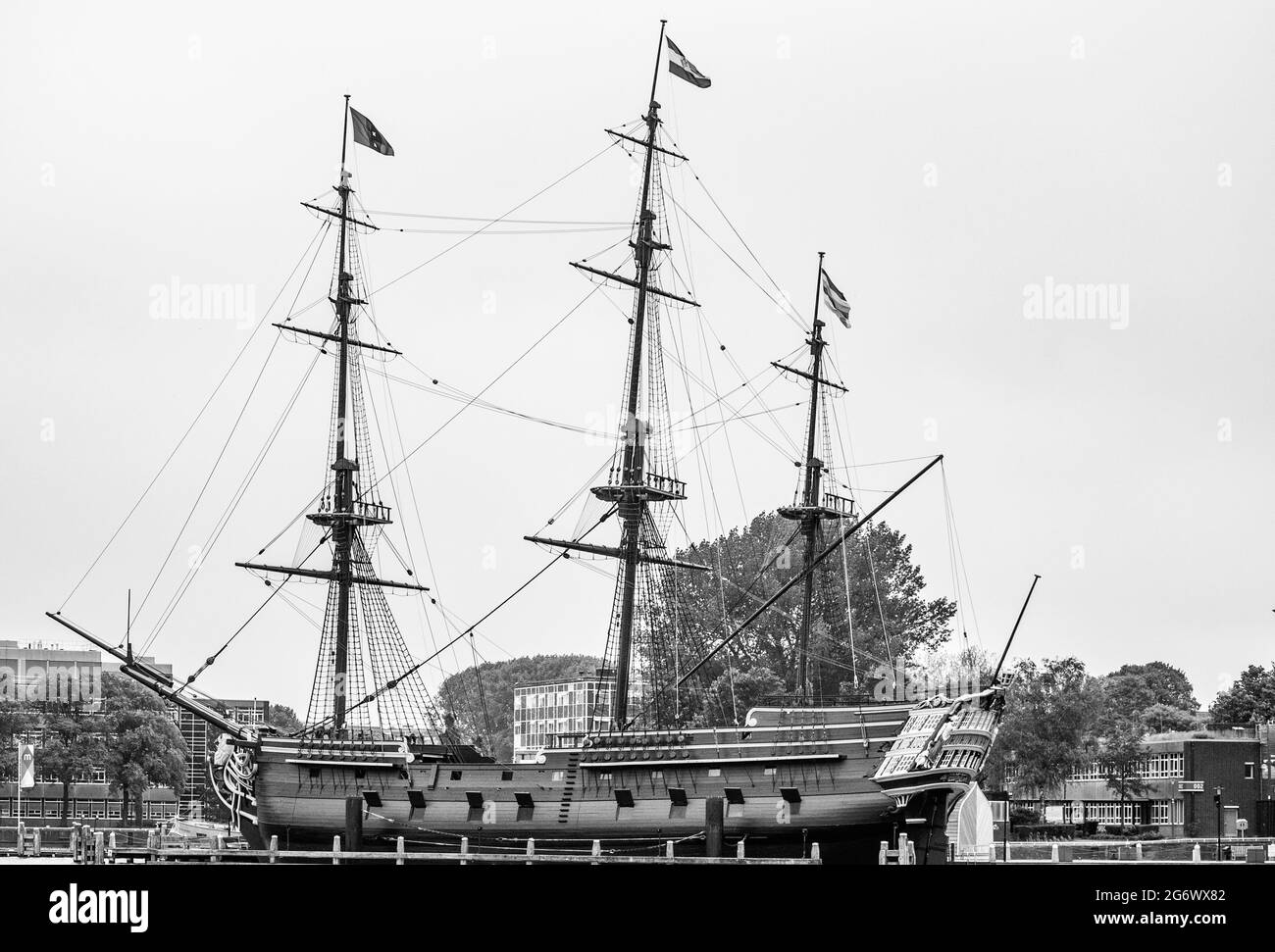 AMSTERDAM, NETHERLANDS. JUNE 06, 2021. Old wooden Stad Amsterdam ship. Black and white photography Stock Photo