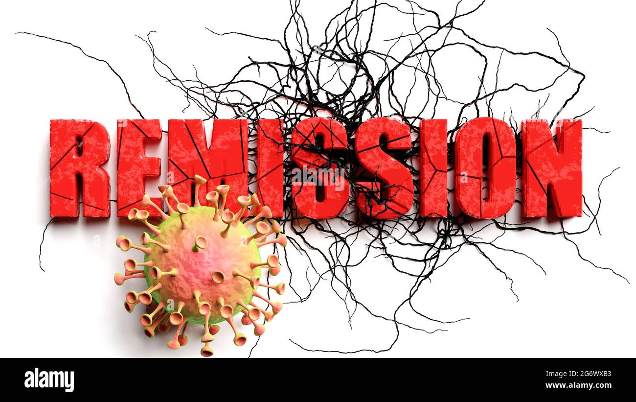 Degradation and remission during covid pandemic, pictured as declining phrase remission and a corona virus to symbolize current problems caused by epi Stock Photo