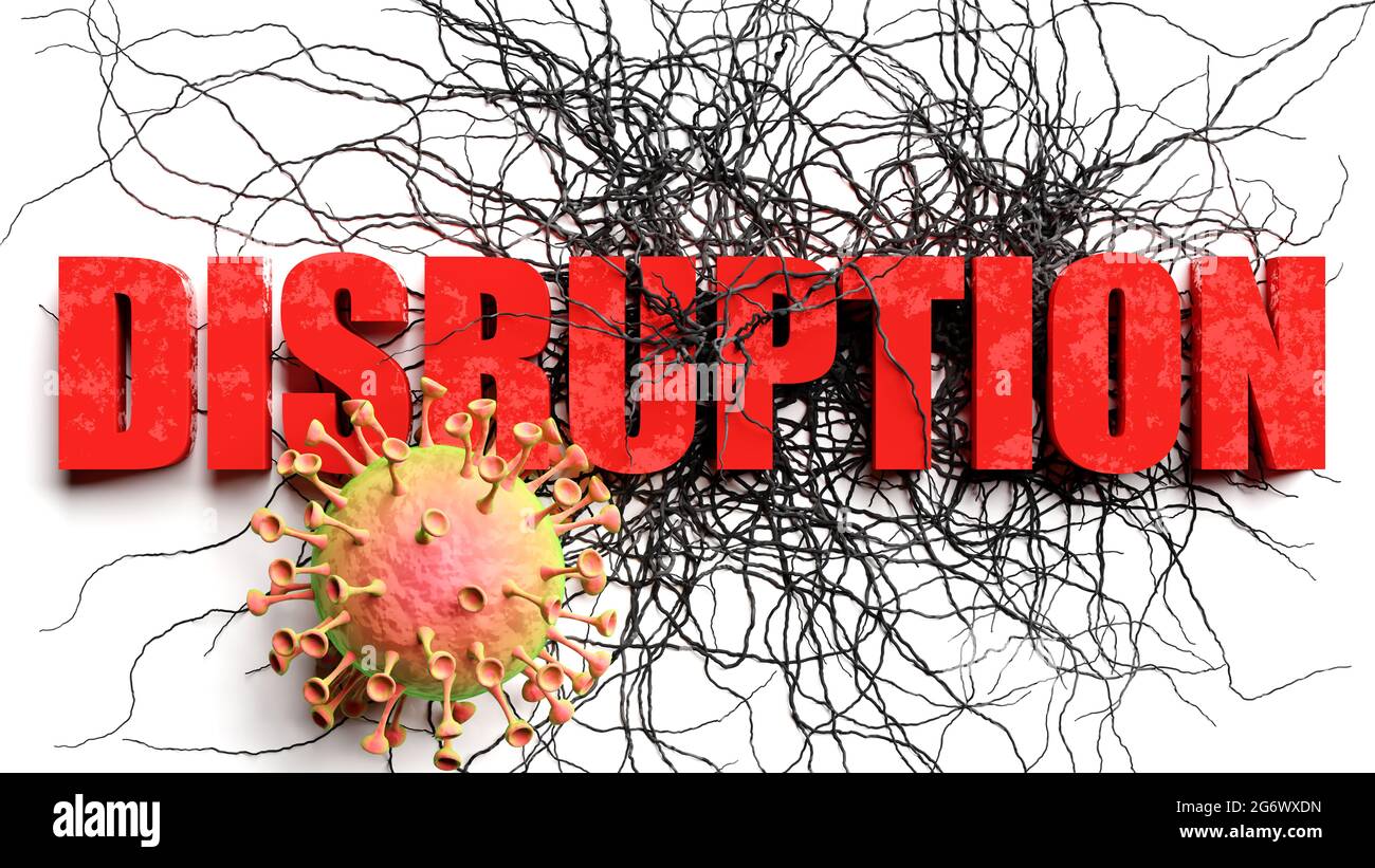 Degradation and disruption during covid pandemic, pictured as declining phrase disruption and a corona virus to symbolize current problems caused by e Stock Photo