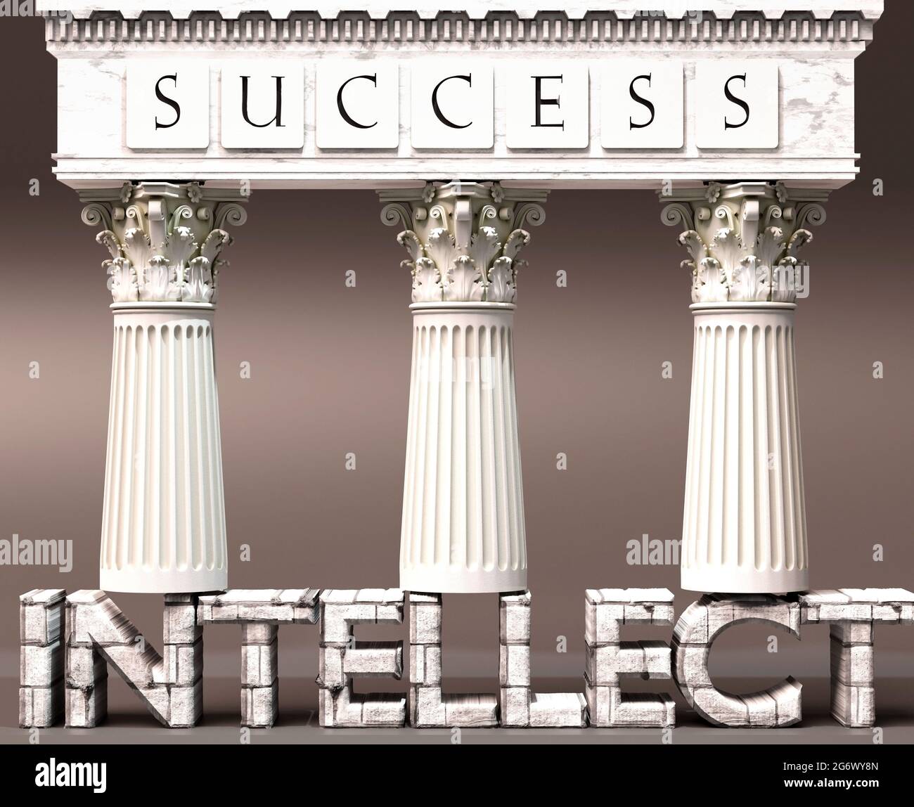 Intellect as a foundation of success - symbolized by pillars of success supported by Intellect to show that it is essential for reaching goals and ach Stock Photo