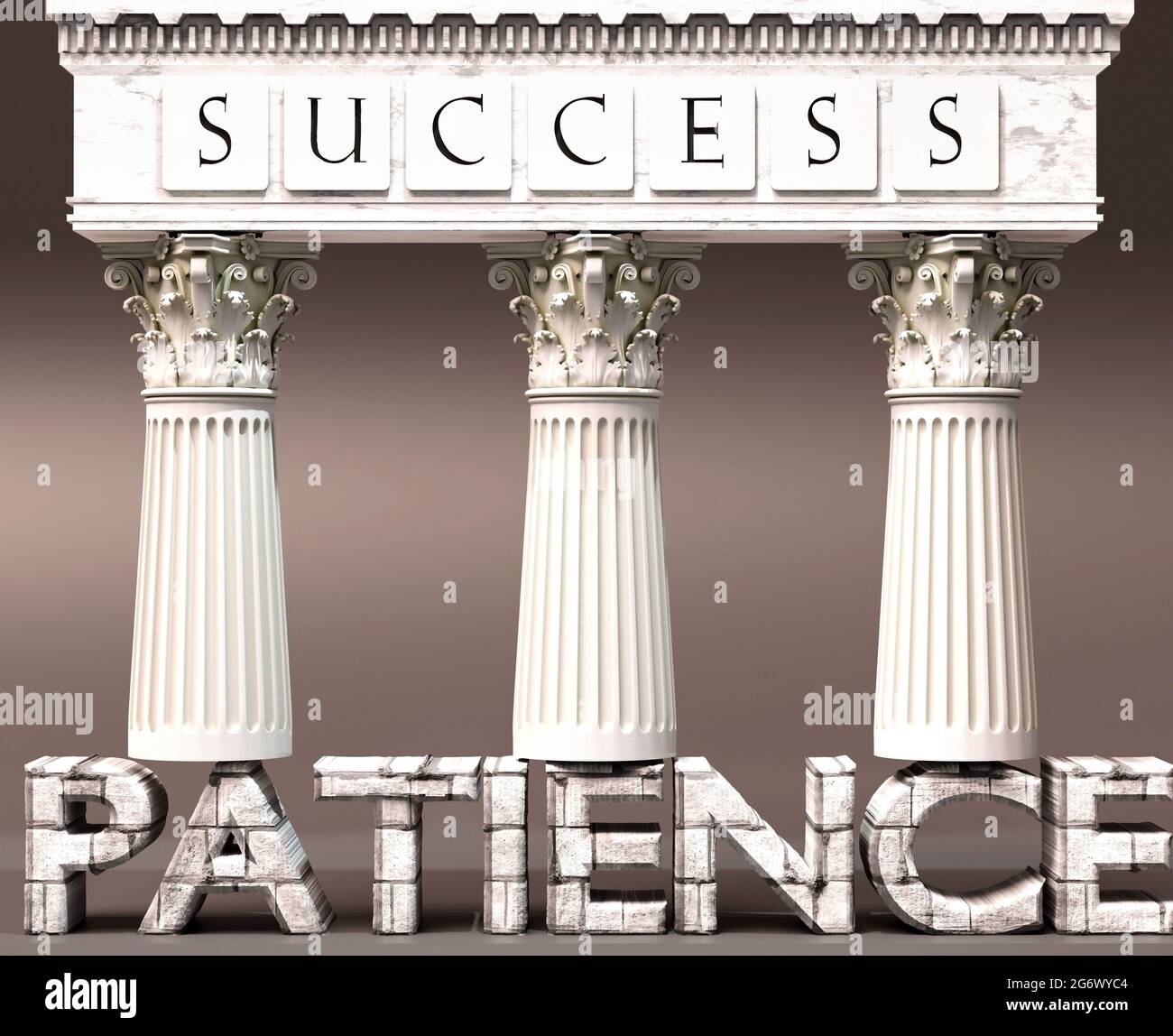 Patience as a foundation of success - symbolized by pillars of success supported by Patience to show that it is essential for reaching goals and achie Stock Photo