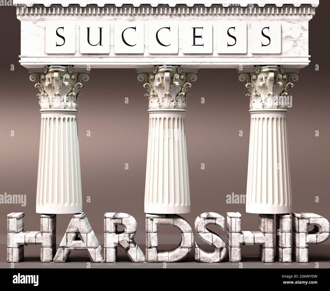 Hardship as a foundation of success - symbolized by pillars of success supported by Hardship to show that it is essential for reaching goals and achie Stock Photo