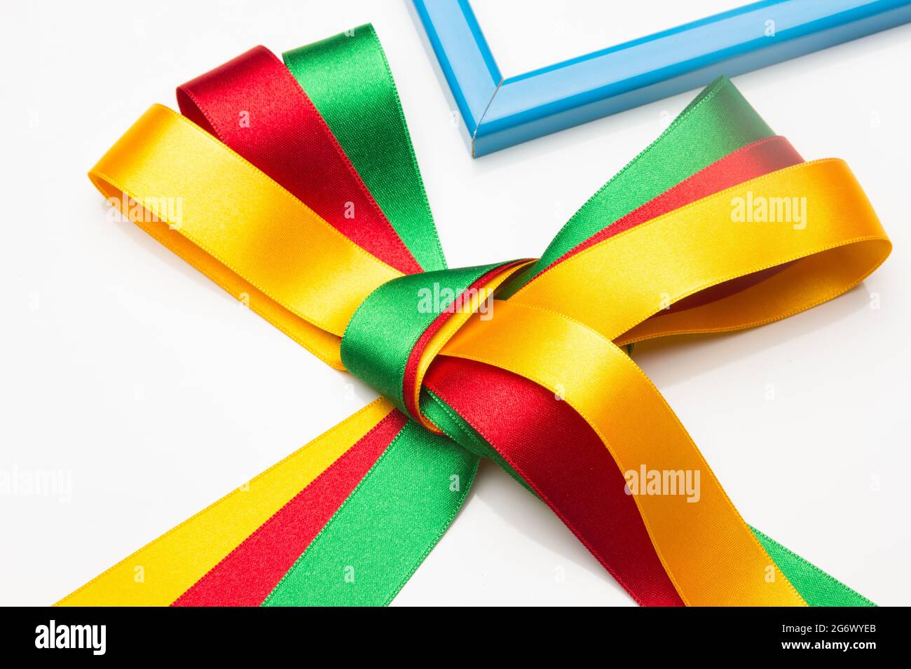 Basic colours, red, green and yellow. Coloured fabrics and ribbons ...