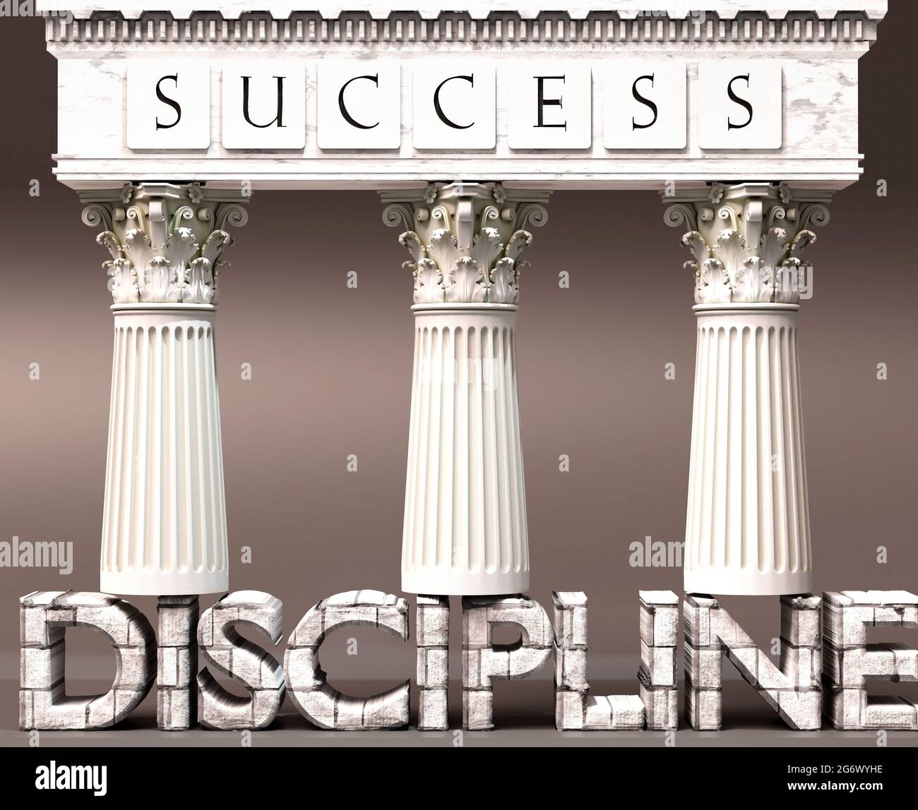 Discipline as a foundation of success - symbolized by pillars of success supported by Discipline to show that it is essential for reaching goals and a Stock Photo