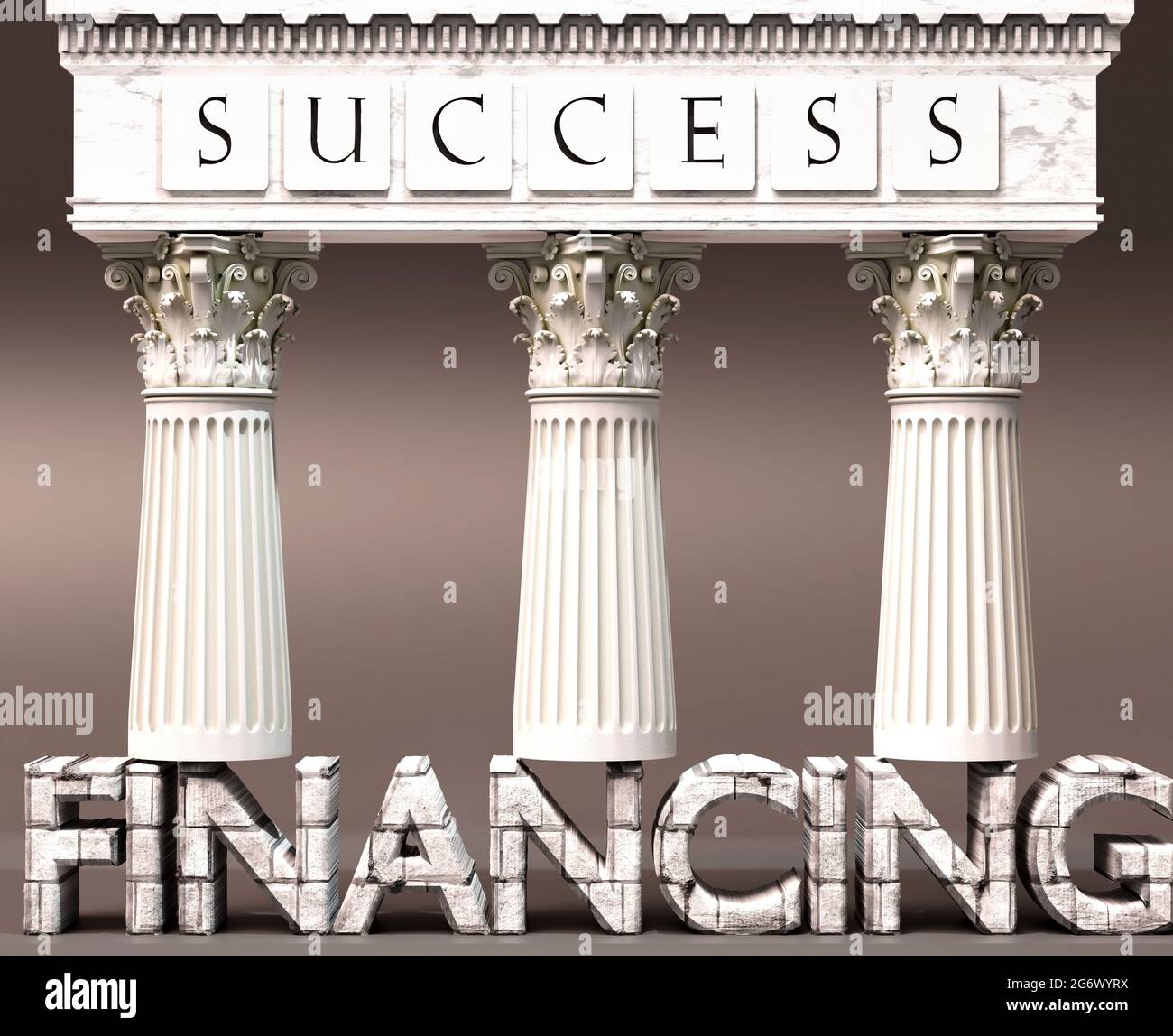 Financing as a foundation of success - symbolized by pillars of success supported by Financing to show that it is essential for reaching goals and ach Stock Photo