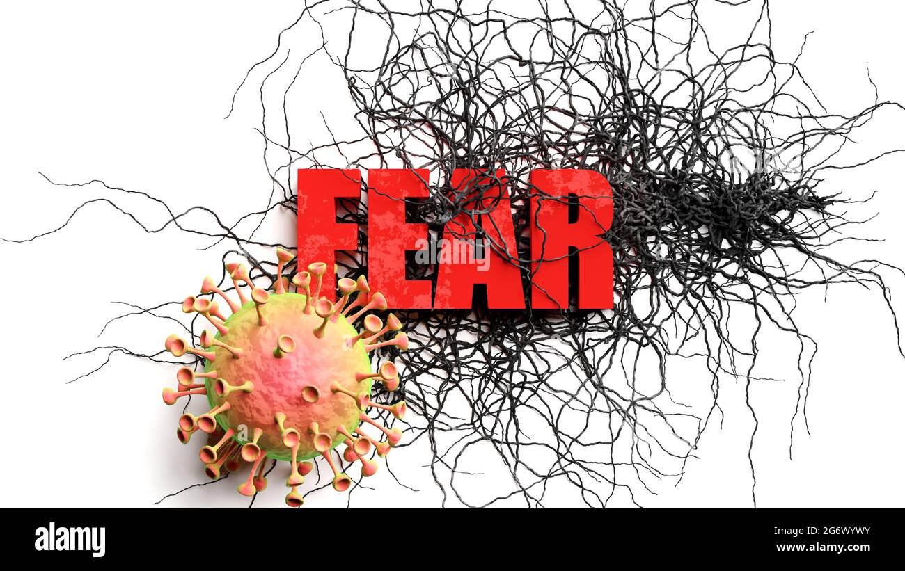 Degradation and fear during covid pandemic, pictured as declining phrase fear and a corona virus to symbolize current problems caused by epidemic, 3d Stock Photo