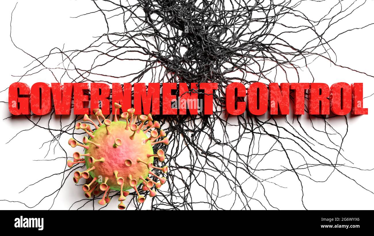Degradation and government control during covid pandemic, pictured as declining phrase government control and a corona virus to symbolize current prob Stock Photo