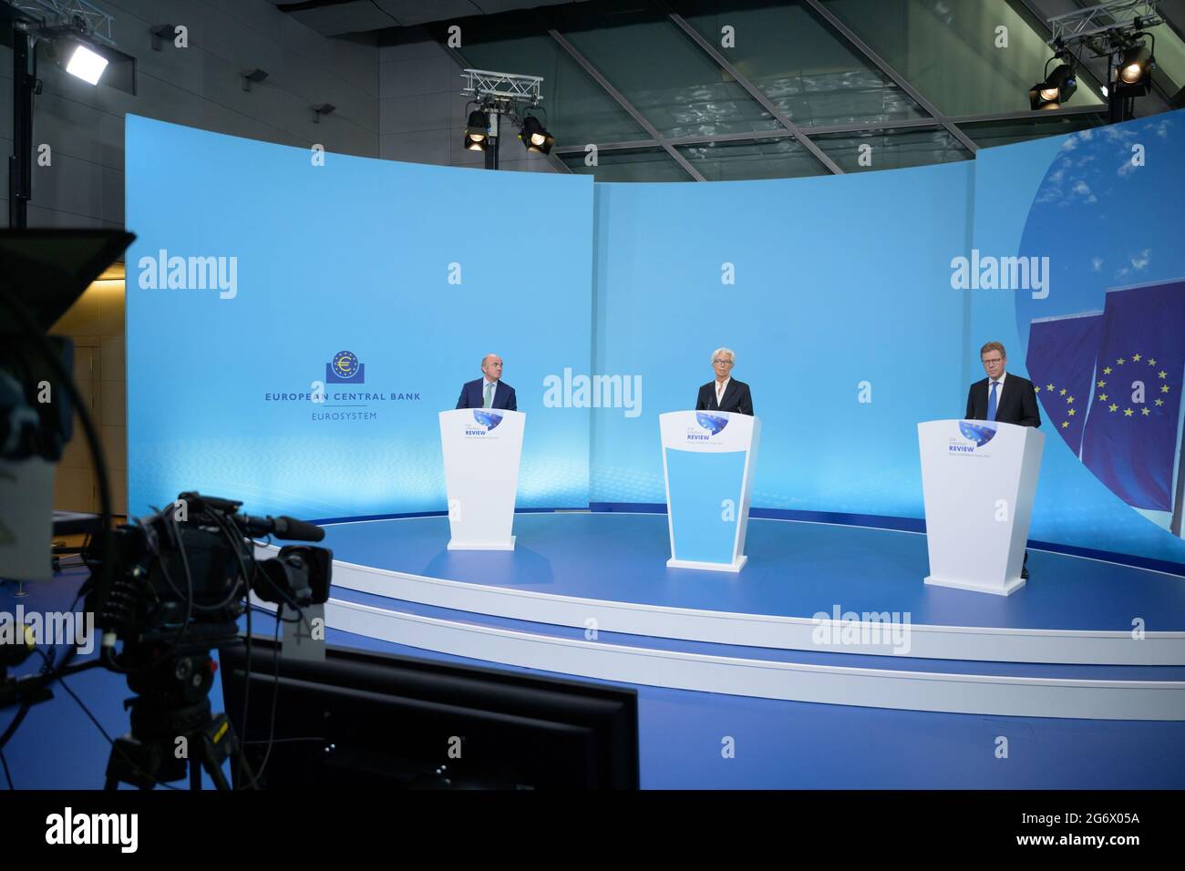 (210709) -- FRANKFURT, July 9, 2021 (Xinhua) -- European Central Bank (ECB) President Christine Lagarde (C) speaks during a press conference on the results of the ECB strategy review held at the ECB headquarters in Frankfurt, Germany, on July 8, 2021. The European Central Bank said on Thursday that it has approved a new monetary policy strategy that adopts symmetric 2 percent inflation target over the medium term.(FOR EDITORIAL USE ONLY. NOT FOR SALE FOR MARKETING OR ADVERTISING CAMPAIGNS.) (European Central Bank/Handout via Xinhua) Stock Photo