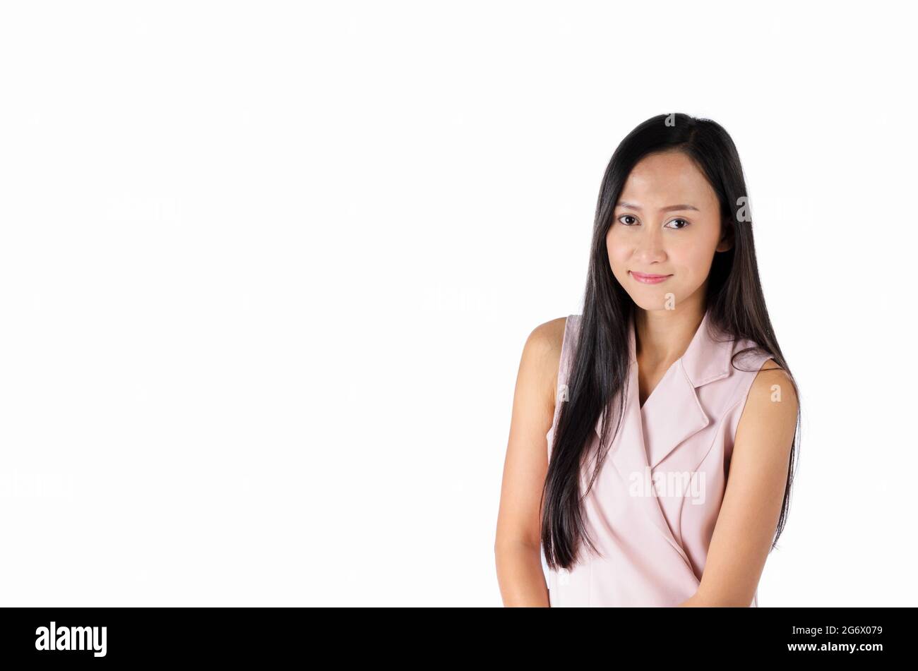 Portrait photo of asian woman with happy expression face and smile isolated on white background with space for text. Stock Photo