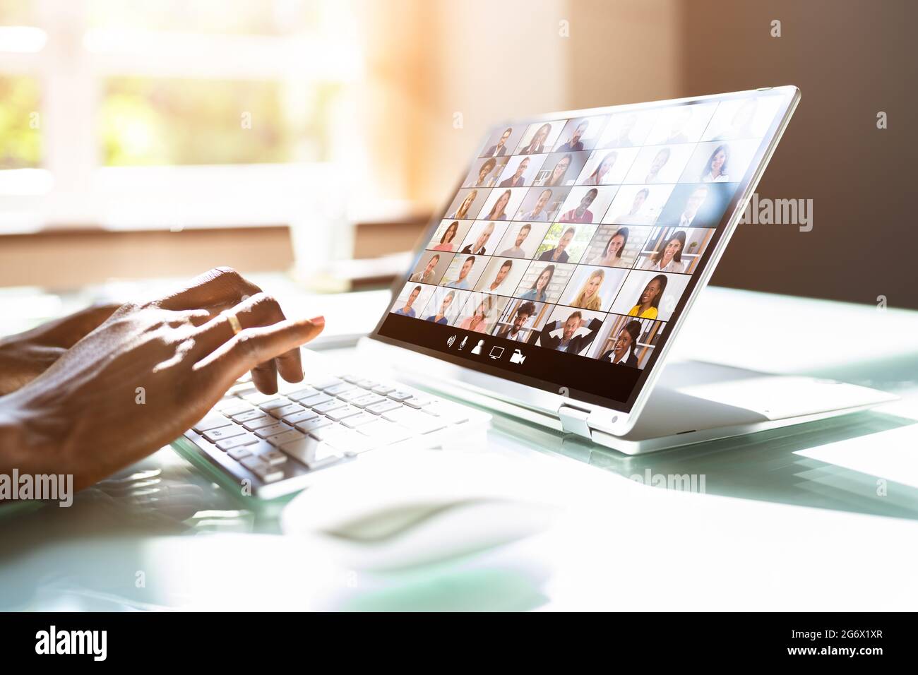 African American Watching Video Conference Business Webinar Stock Photo