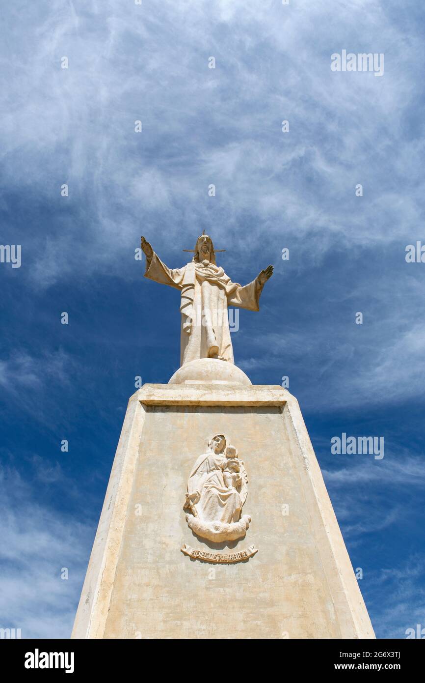 Bottom view of the grandiose construction of the sculpture of the Sacred Heart of Jesus located in the balcony of the municipality of Totana, Murcia, Stock Photo