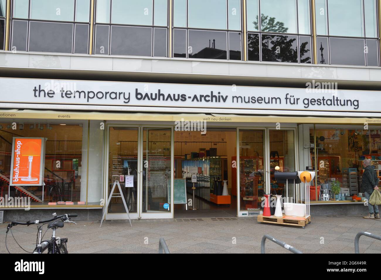 The entrance of the temporary bauhaus-archiv museum für gestaltung at Knesebeckstrasse in Charlottenburg, Berlin, Germany - July 8, 2021. Stock Photo
