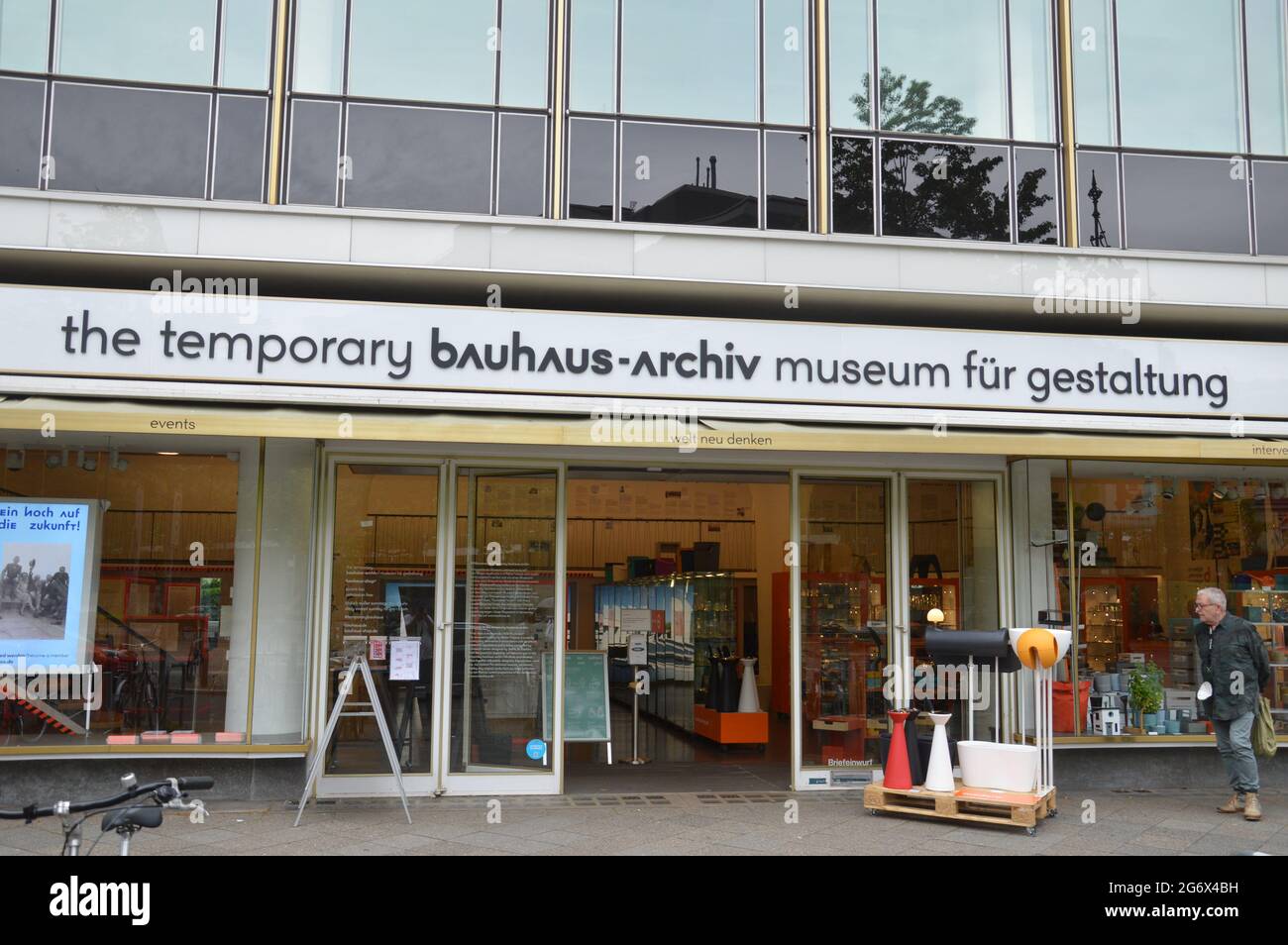 The entrance of the temporary bauhaus-archiv museum für gestaltung at Knesebeckstrasse in Charlottenburg, Berlin, Germany - July 8, 2021. Stock Photo