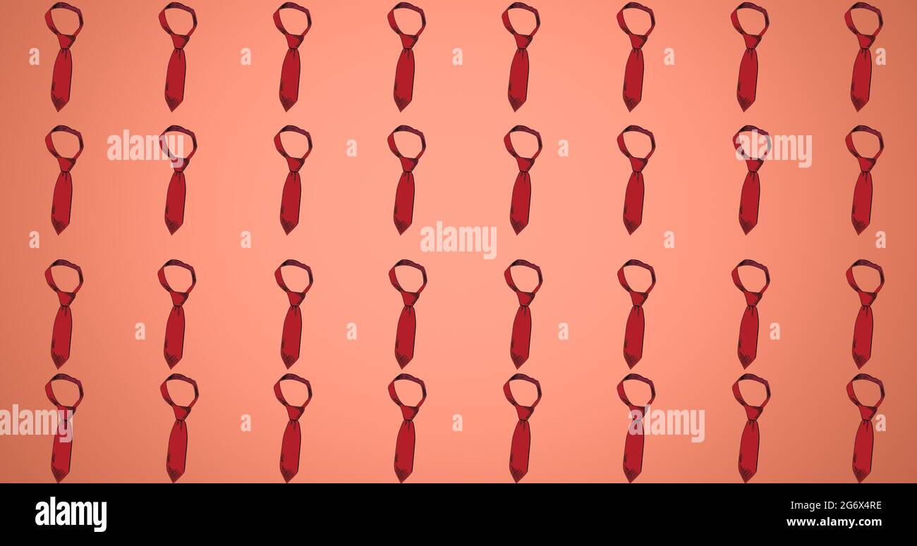 Composition of red neck ties repeated in rows, on pink background Stock Photo