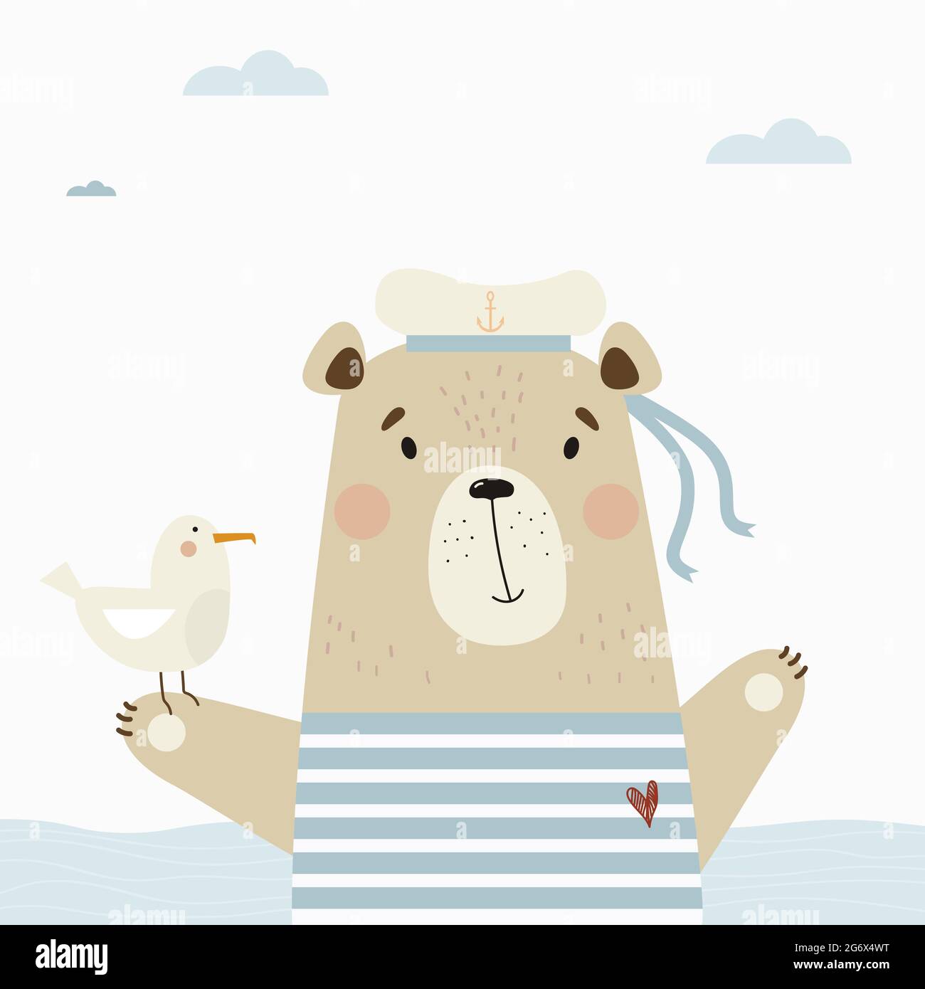 Cute bear sailor in a striped vest and hat with a seagull at the sea. Vector illustration. Poster with animals for kids collection, postcards, design, Stock Vector