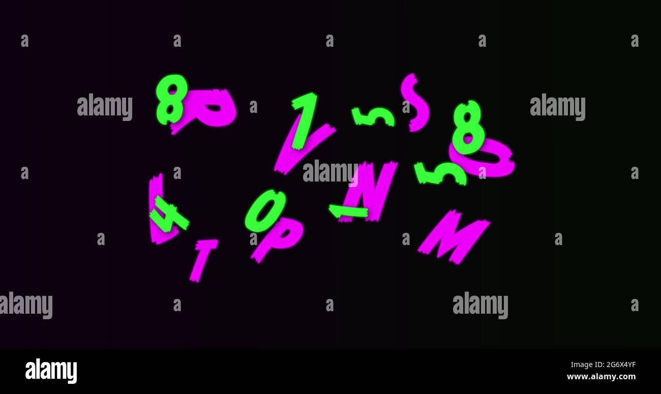 Neon random numbers and alphabets moving and changing against black background Stock Photo