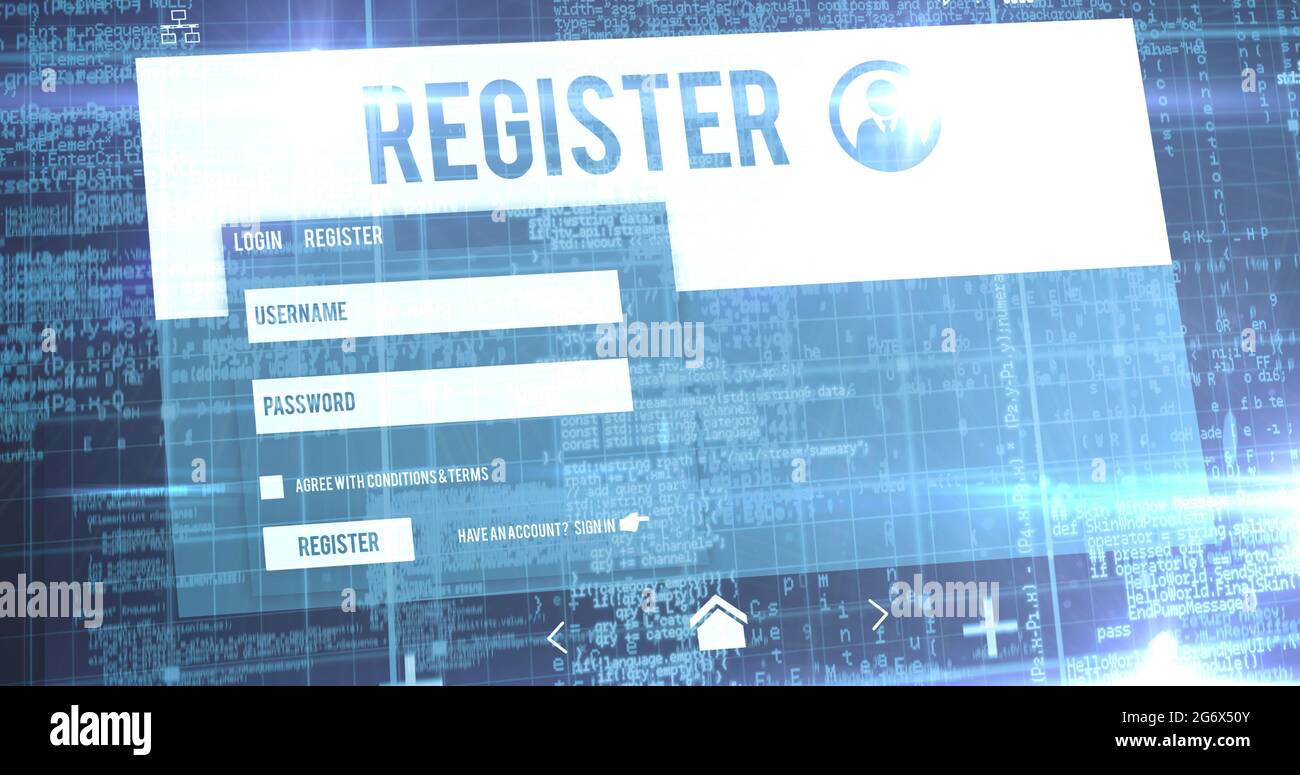 Image of screen with registration page over blue background Stock Photo
