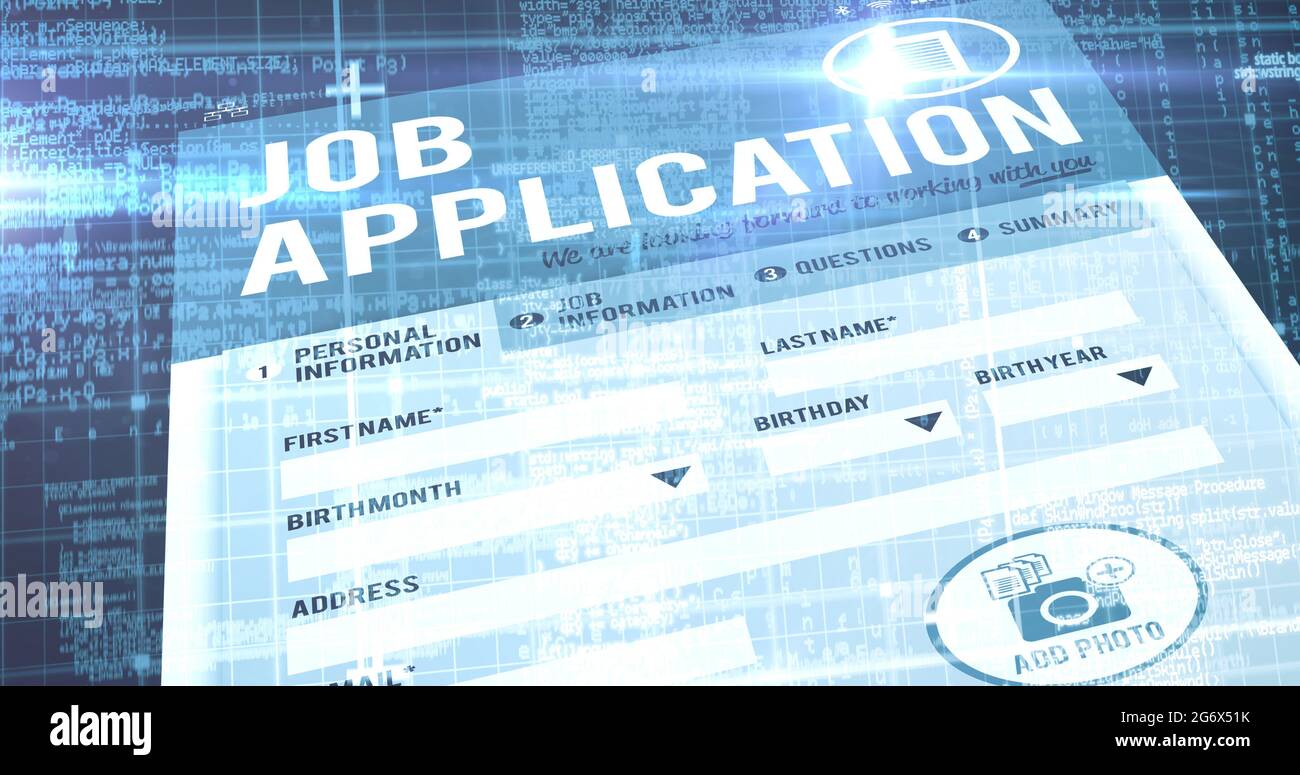 Image of screen with job application page over blue background Stock ...