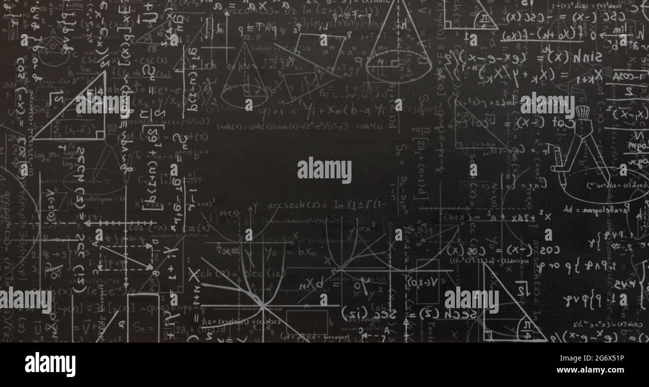 Digital image of mathematical equations and diagrams moving against ...