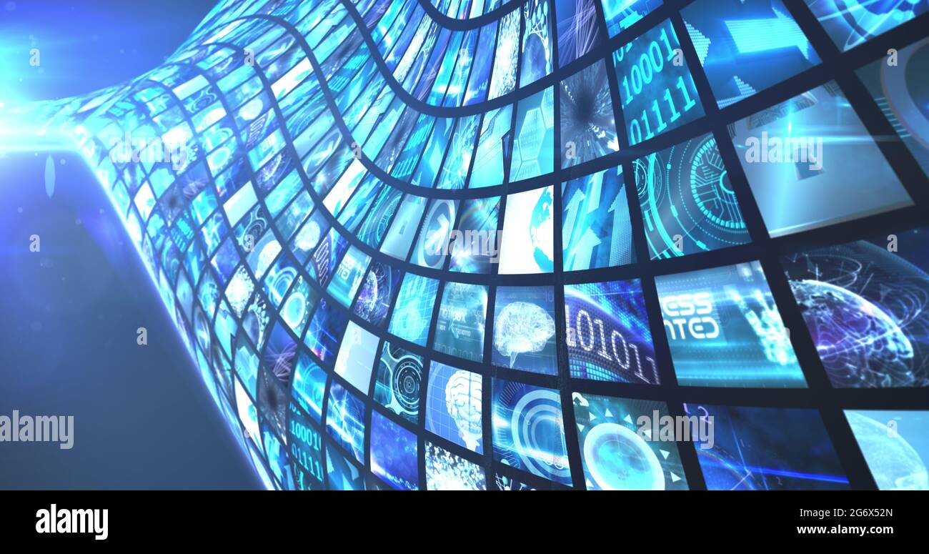 Image of network of screens with digital data Stock Photo