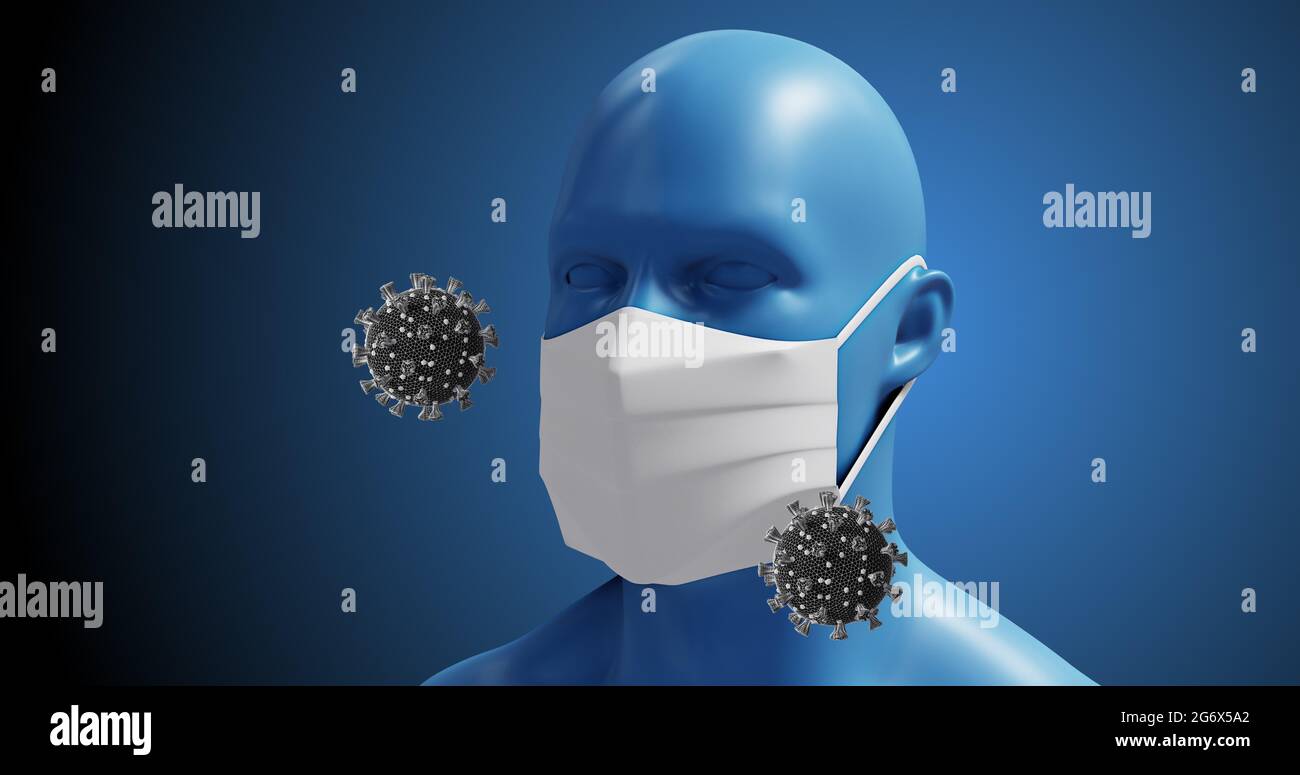 Image of macro coronavirus Covid-19 cells floating over a 3D man wearing a mask Stock Photo