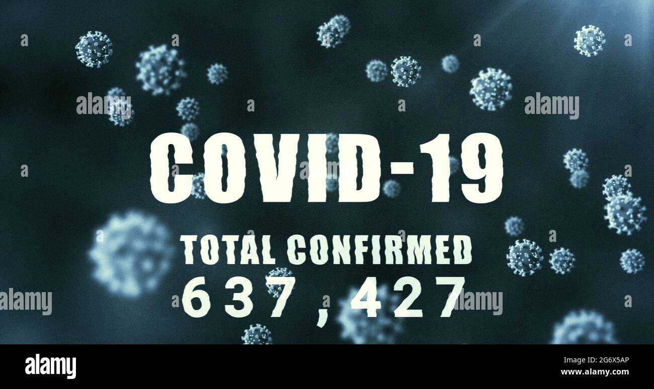 Image of macro coronavirus Covid-19 cells spreading over Total Confirmed words and rising number Stock Photo