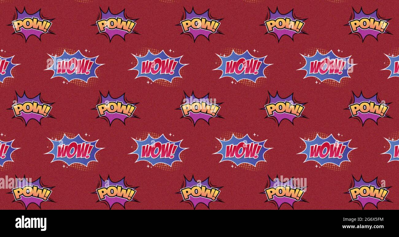 Image of multiple cartoon bubble with WOW and POW written in yellow and red on a red background