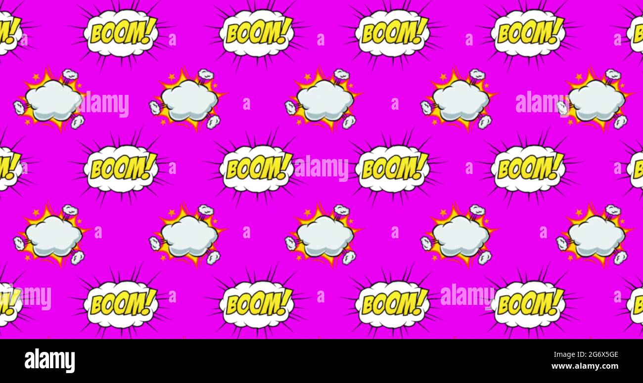 Image of multiple vintage comic cartoon speech bubbles and clouds with Boom! text moving Stock Photo