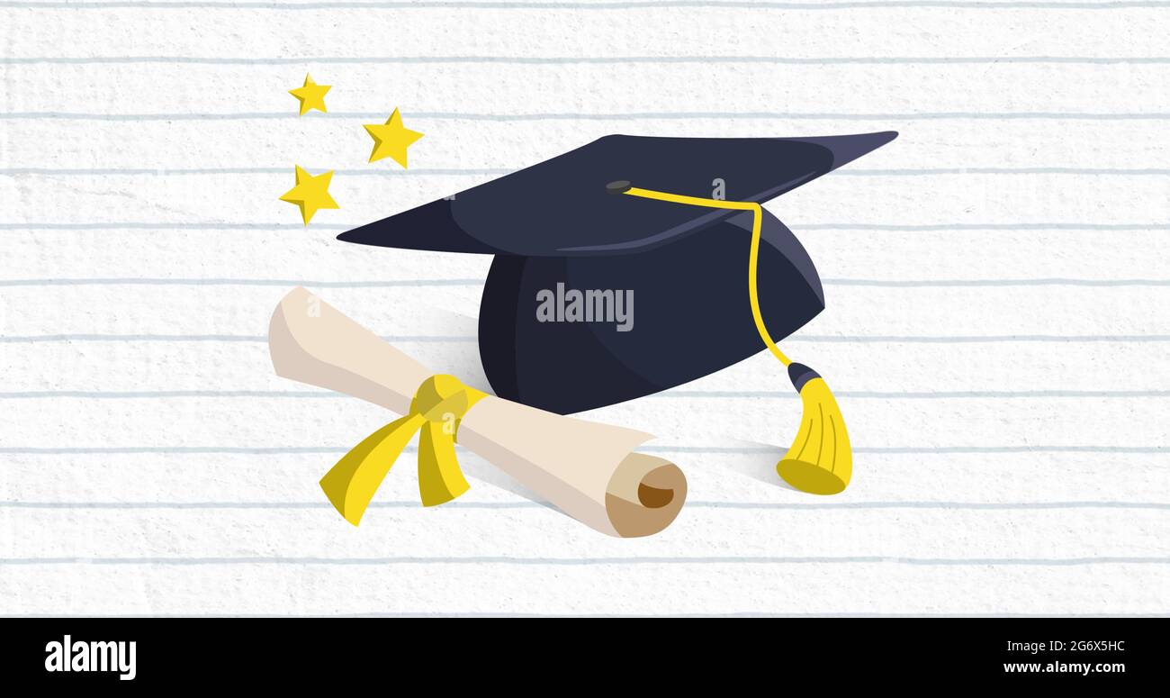 Image of a graduation hat and a diploma with a blue grid on a white ...