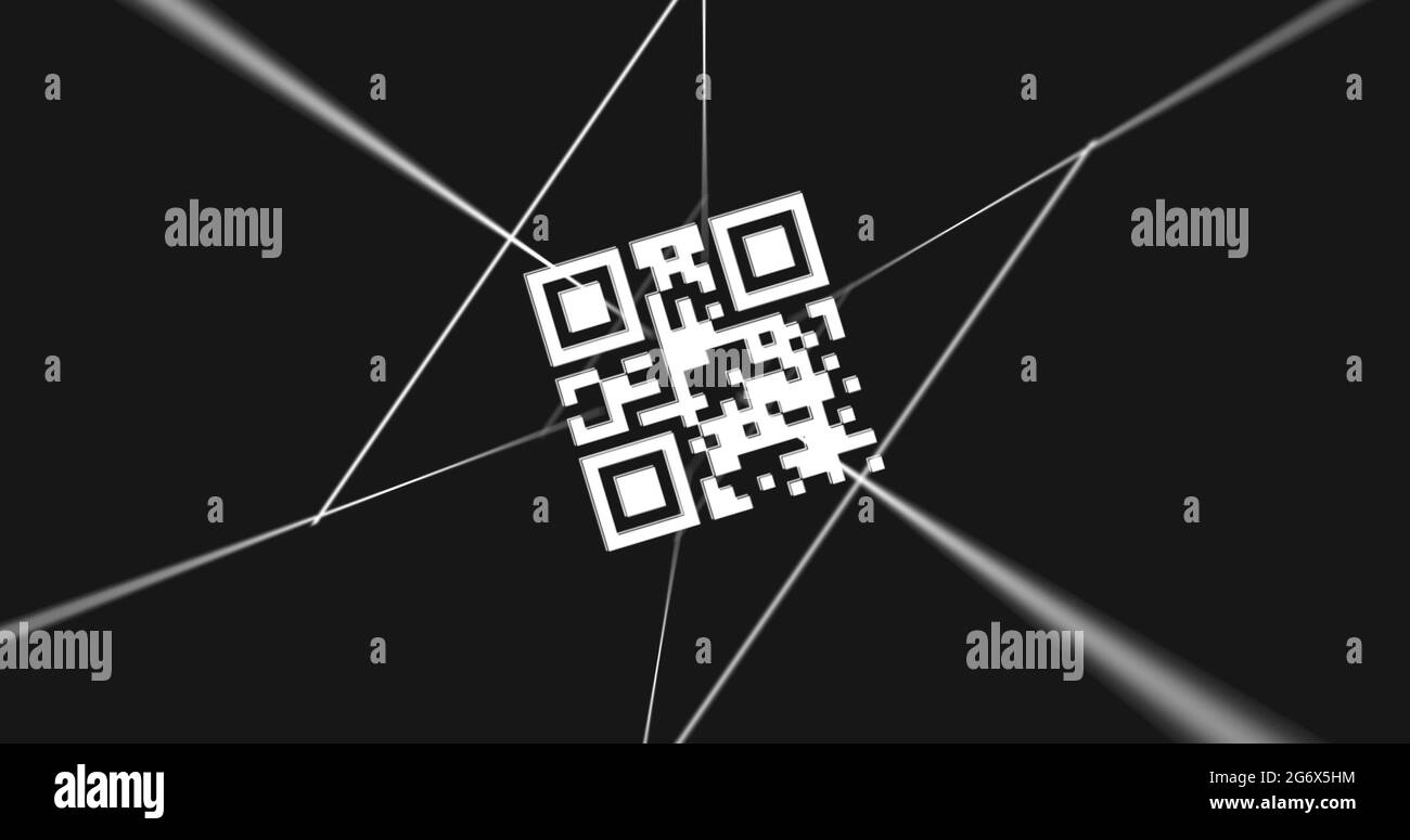 QR code scanner and spinning lines against black background Stock Photo