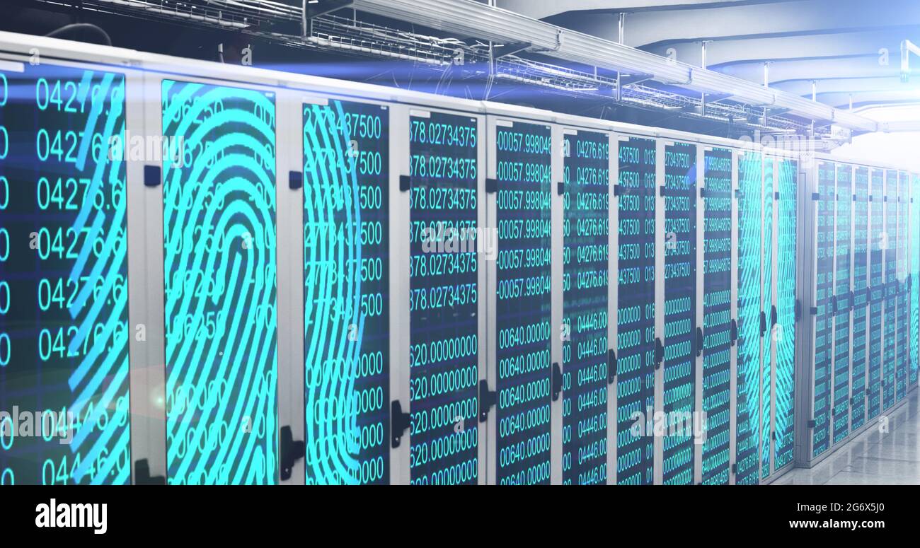 Fingerprint scanner and data processing over server room Stock Photo