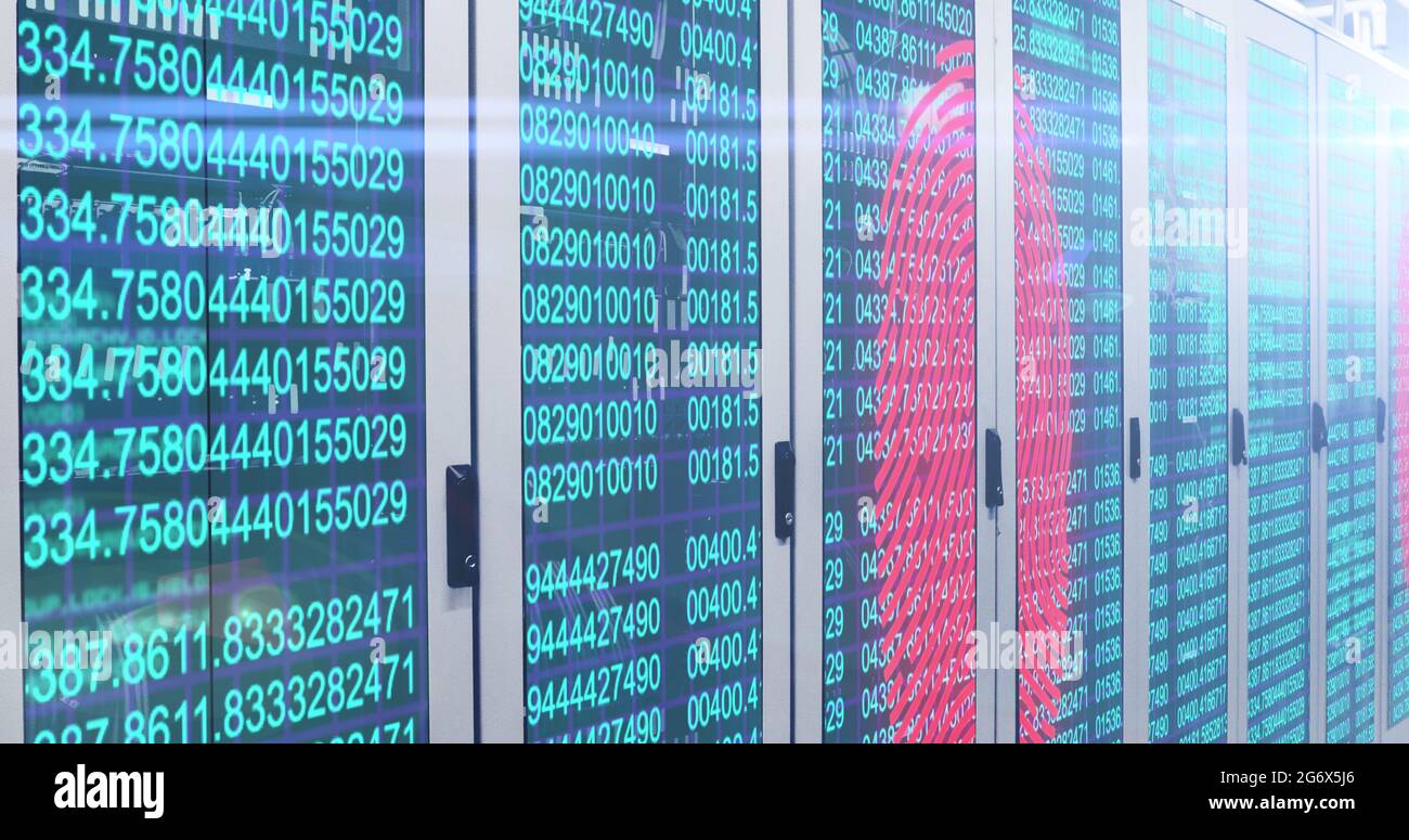 Fingerprint scanner and data processing over server room Stock Photo
