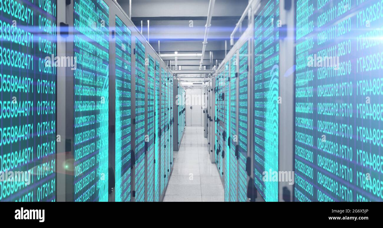 Fingerprint scanner and data processing over server room Stock Photo