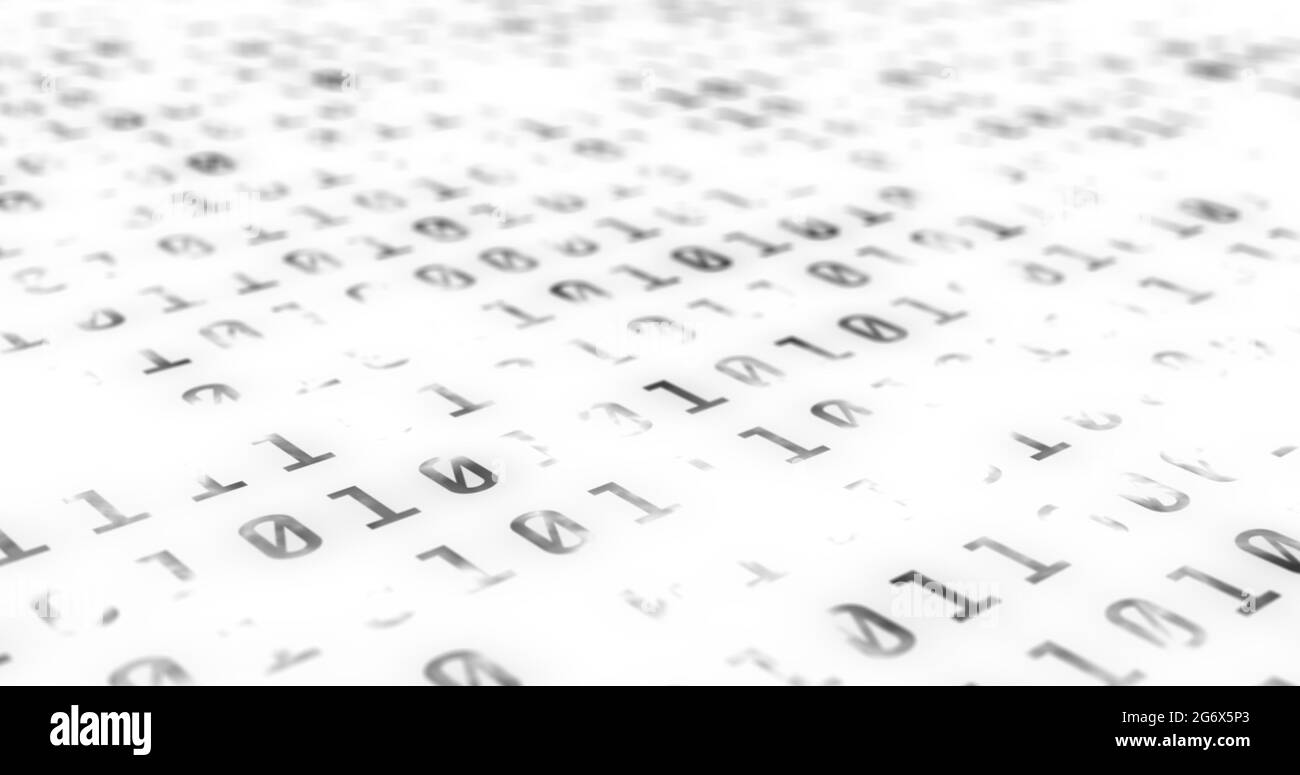 Binary codes with black color font are projected on a white background with white shadows Stock Photo