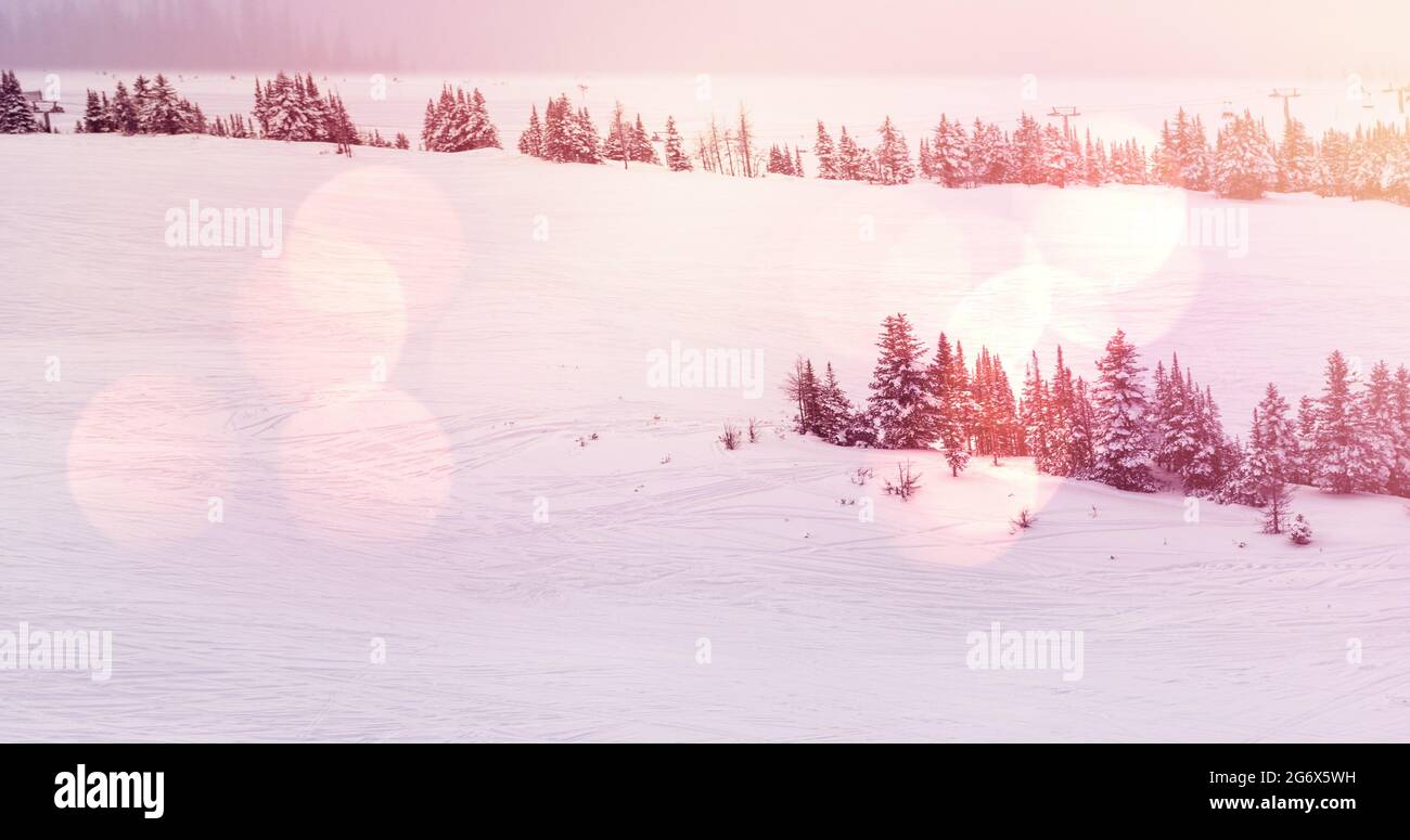 Image of winter scenery landscape with light spots mountains and fir trees covered in snow Stock Photo