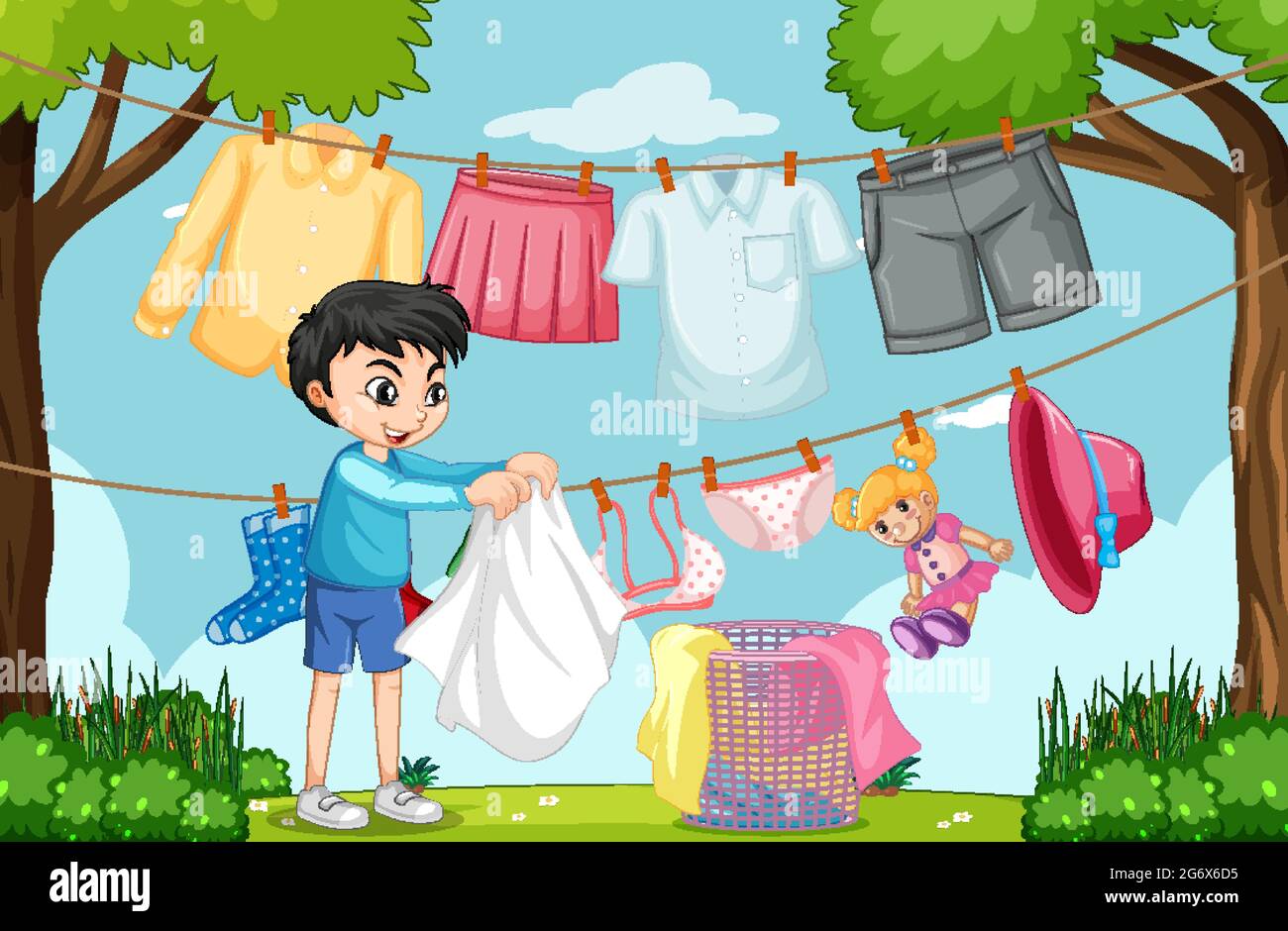 Outdoor scene with a boy hanging clothes on clotheslines illustration Stock Vector