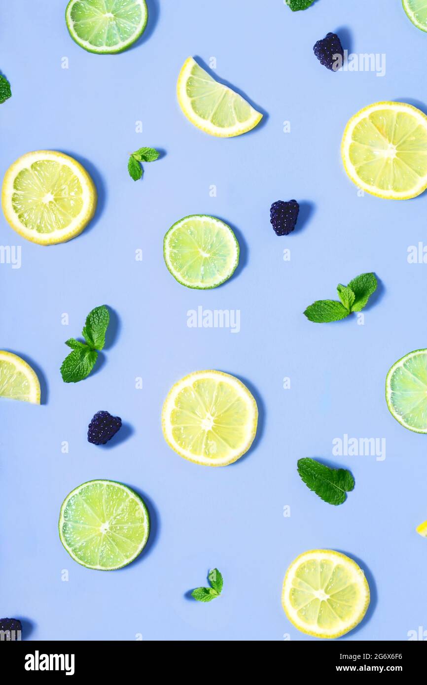 Lemon, lime, mint, blackberry pattern. Top view. Stock Photo