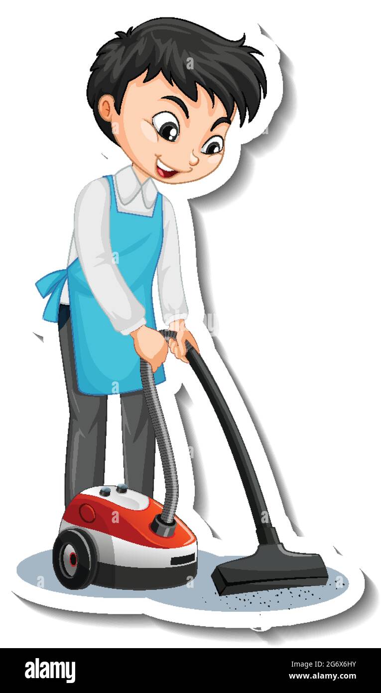 Sticker design with a young man using vacuum cleaner illustration Stock Vector