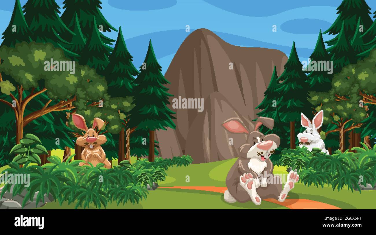 Many rabbits in forest scene with many trees illustration Stock Vector ...