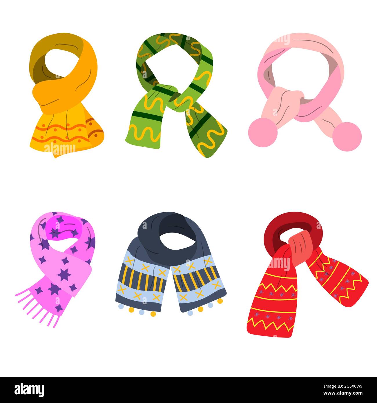 a set of winter colored scarves of different shapes with a pattern. vector isolated on a white background Stock Vector