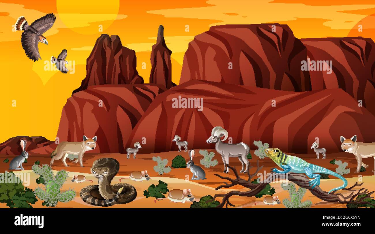 Desert forest landscape at sunset time scene with wild animals ...