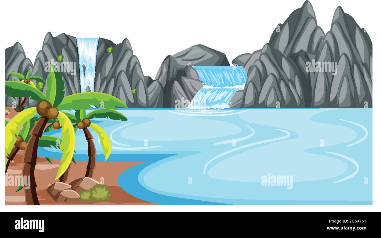 Nature landscape at daytime scene with waterfall illustration Stock ...