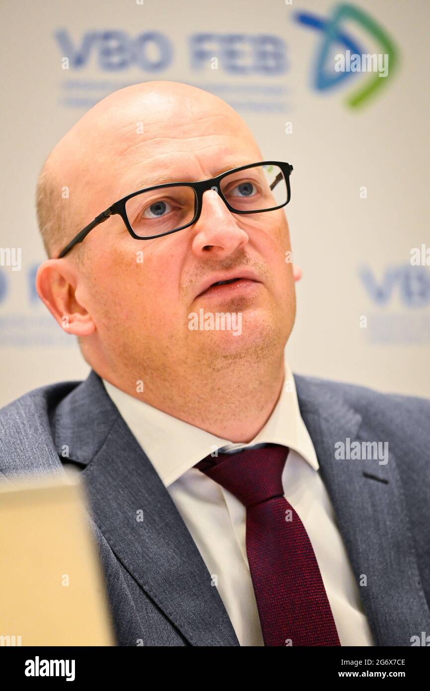 FEB-VBO chief economist Edward Roosens pictured during the bi-annual press conference of the VBO-FEB (Federation of Enterprises in Belgium - Verbond v Stock Photo