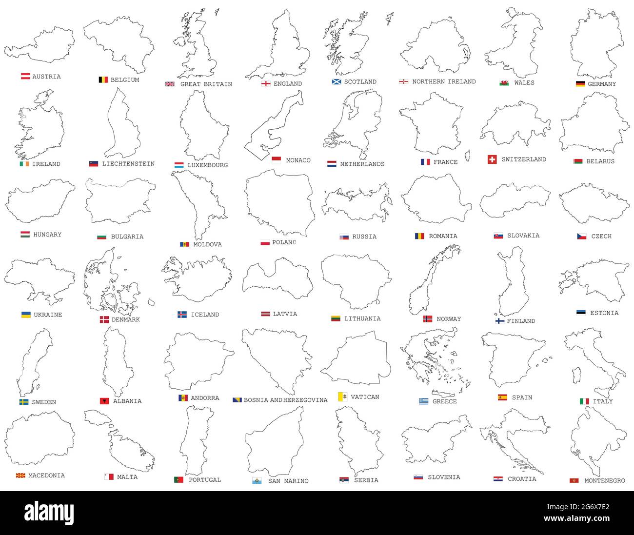Big vector set of all Europe states, countries line, linear thin maps isolated on white background. High detailed editable illustration of Europe maps Stock Vector