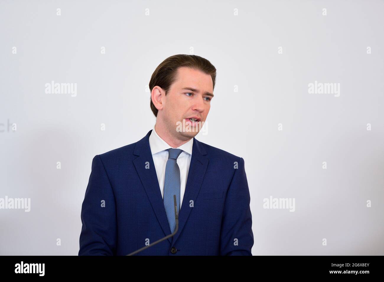 Vienna, Austria. 9th July, 2021.  Media-public appointment of the Federal Government in the Federal Chancellery on July 9th, 2021. Topic: Corona Taskforce to prepare for autumn. Picture shows Chancellor Sebastian Kurz (ÖVP). Credit: Franz Perc / Alamy Live News Stock Photo