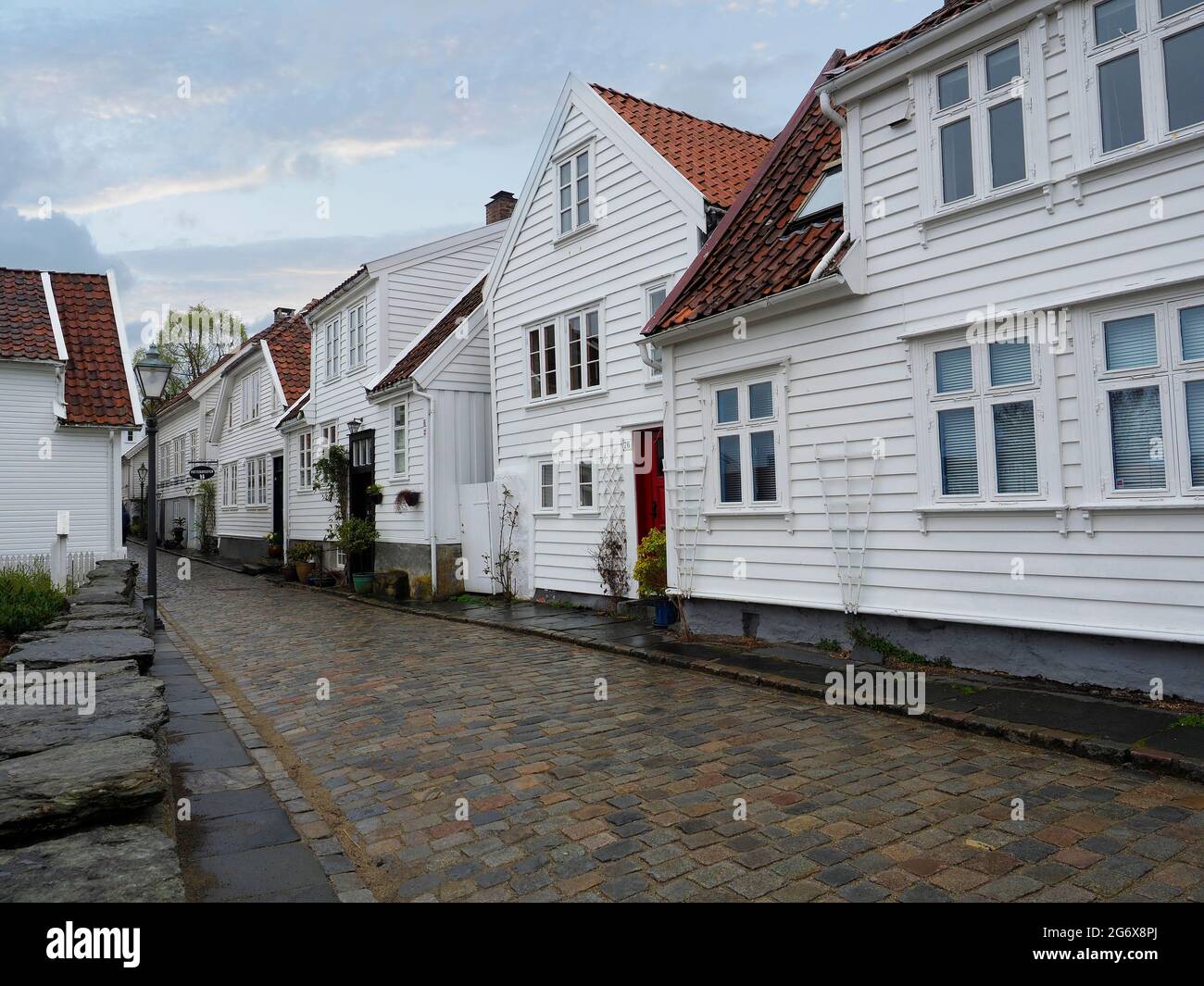 Streets and harbour area of old Stavanger Norway with historic wooden buildings Stock Photo